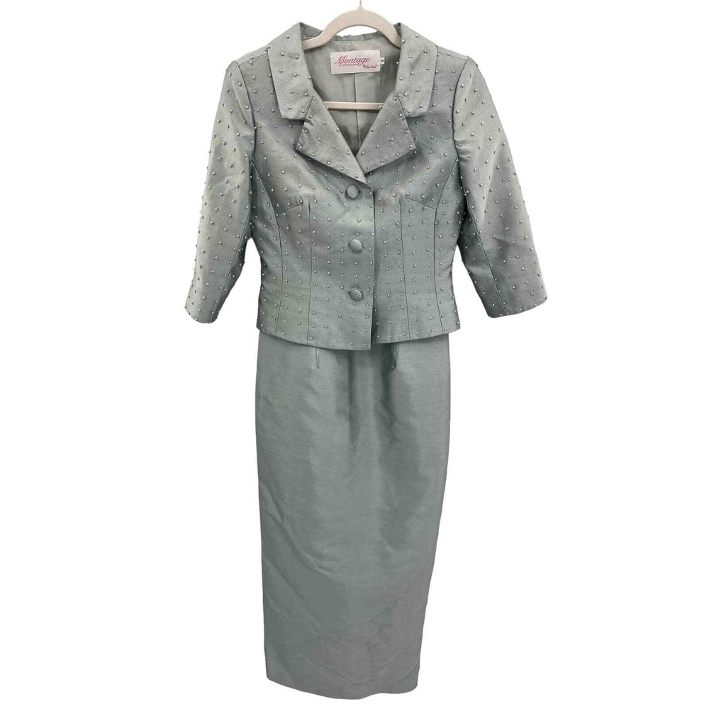 Vintage Montage Collection by Mon Cheri Mother Bride Dress‎ Set sz 4 Green Silk